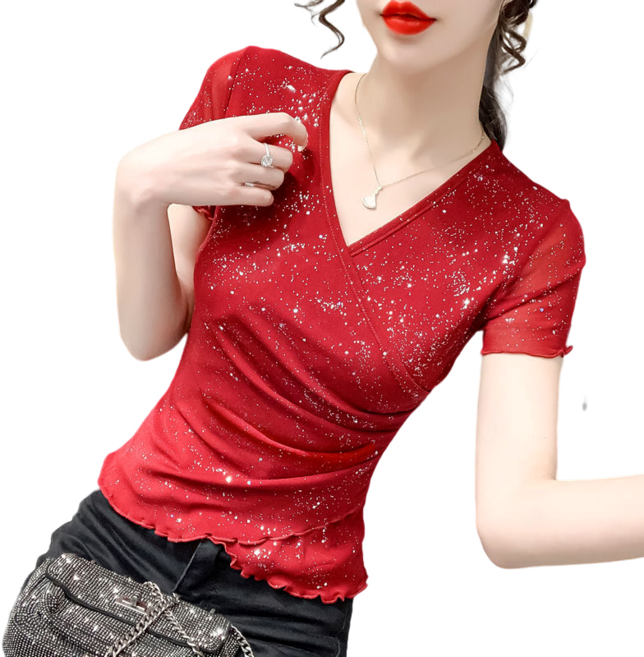 댄스복 상의 여성용 브이넥 망사 스팽글 목이버섯 반팔 티셔츠 뉴타임즈F302711