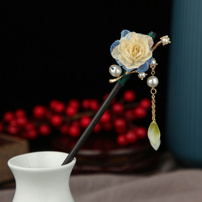 Sun_Plus 古風木質流蘇步搖簪 仿黑檀木盤髮頭飾 典雅花朵珍珠墜飾