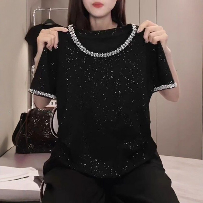 ROYALBELLE 여성 큐빅 라운드넥 루즈핏 포인트 비즈 트리밍 반팔 티셔츠 B06033027