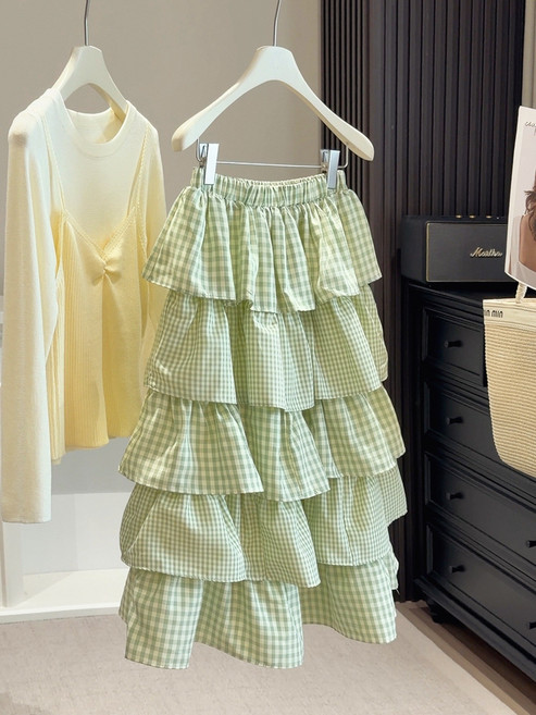 【顯瘦高腰】半身裙 蛋糕裙 格子裙 荷葉邊裙 百褶裙 春夏新款 甜美溫柔風 多層設計 A字版型 日常通勤約會穿搭