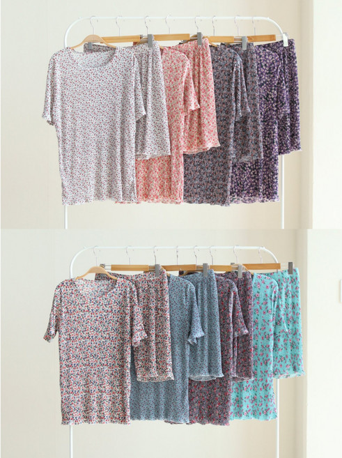 꽃플리츠세트 홈웨어 파자마 잠옷 여성 여자 플리츠 맘커플 여자플리츠 여성플리츠 여자내복 성인 내복 여름플리츠 여자플리츠 커플플리츠 여름홈웨어 할매룩 민트색처럼