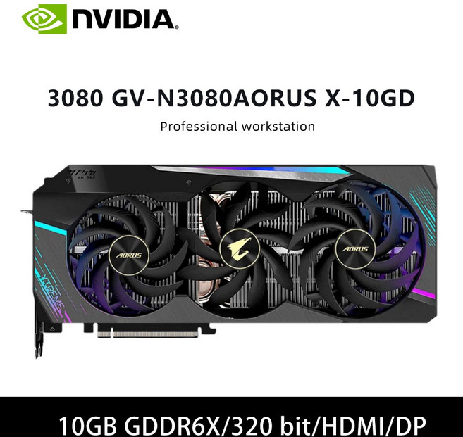 RTX 3080 GV DP 지원 GPU 그래픽 DR6X HDMI 10 비디오 N3080AORUS 데스크탑 PCI 8핀 PC용 카드 10GB