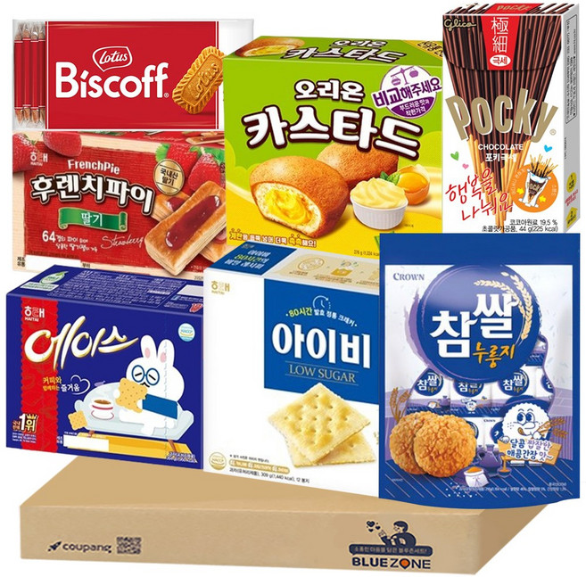 [블루존] 과자 7종 세트 (에이스+아이비+카스타드+후렌치파이딸기+참쌀누룽지+포키극세+비스코프), 7개