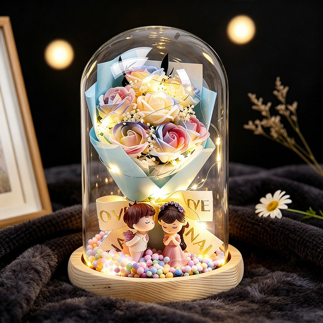 프리저브드 플라워 유리돔 무드등 꽃다발 커플 인형 여자친구 여성 아내 생일 선물, 1개, 그라데이션 보라장미 무드등