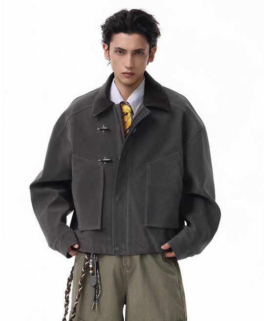 【痞帥工裝風】夾克外套 男款夾克 工裝外套 飛行員夾克 寬鬆外套 休閒外套 Boxy版型 大口袋設計 皮領飛機扣 春秋季潮流穿搭