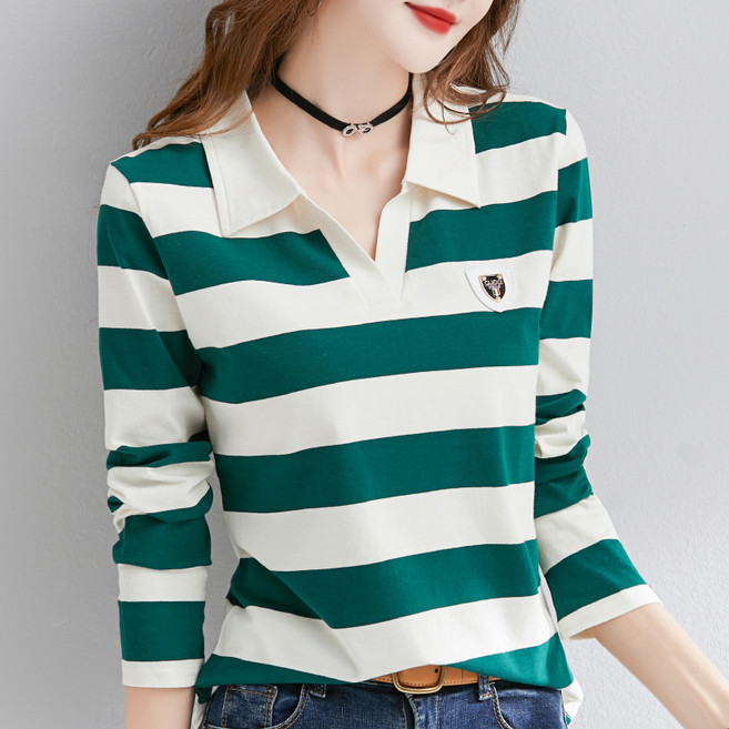 2026 봄 프리오더 여성 순면100% 스트라이프 폴로넥 긴팔티셔츠 여자 얇은 골프 긴팔티 예뻐 브이넥티셔츠 역시즌 카라티 여성골프웨어