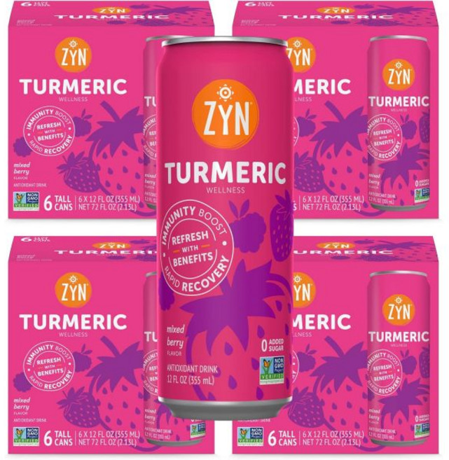 ZYN Turmeric Wellness Drink 24 Pack Lemon Ginger Flavored Turmeric Curcumin with Black Pepper N, Mixed Berry, 12 Fl Oz (Pack of 24), 355ml