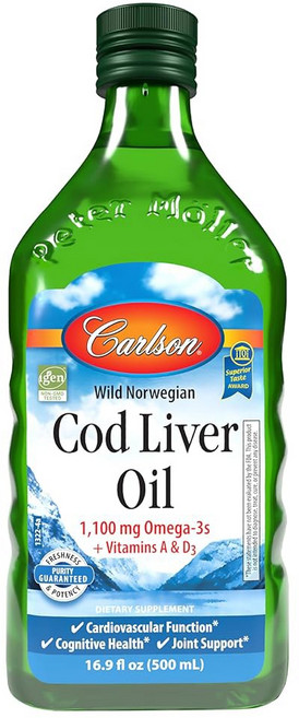 칼슨 - 대구 간유 1100mg 오메가-3 플러스 비타민 A 및 D3 야생 어획 EPA DHA 오메가 3 보충제 노르웨이 북극 지속 가능한 북유럽 어유 액체 무향 250mL(, Unflavored, 1개, 250ml