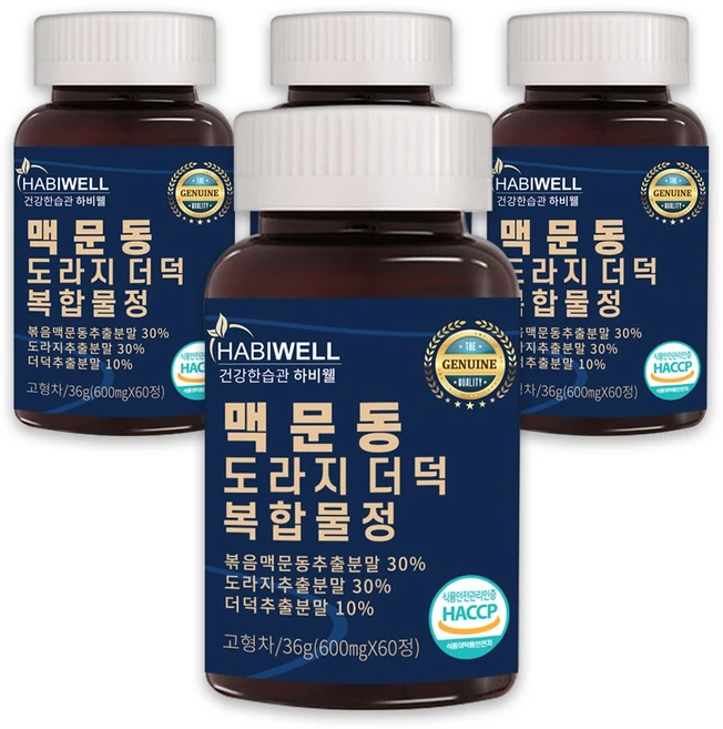 하비웰 국산 볶은 맥문동 도라지 더덕 복합물정 HACCP 식약처 인증 60정, 4통, 36g - 쿠팡