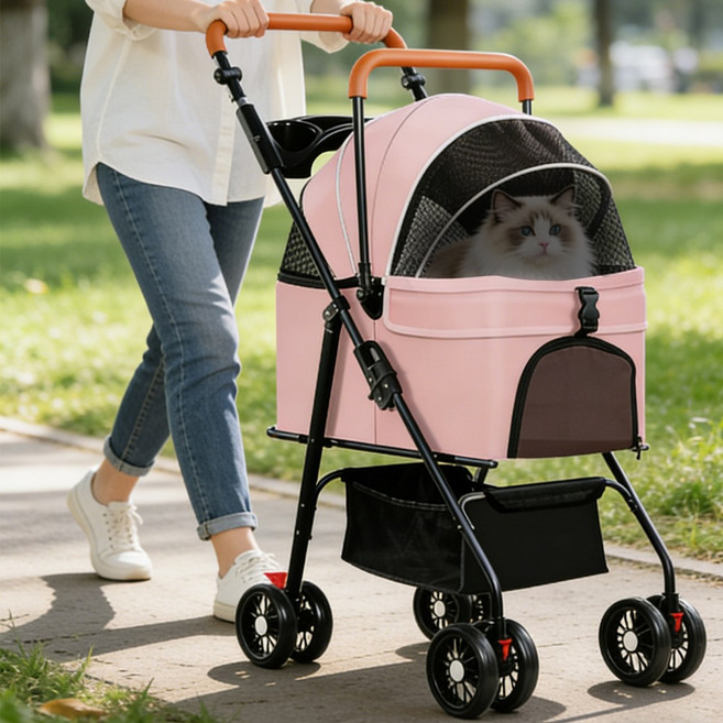분리형 강아지 유모차 고양이 반려동물 카시트 겸용 원터치 폴딩 애견 이동 카트 중소형견 감성 나들이 / 산책 접이식 개모차, 1개, 핑크