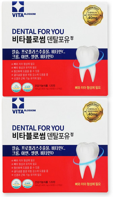 비타블로썸 덴탈포유 플라보노이드 프로폴리스 칼슘 비타민 브로멜라민 메가덴트 파워, 120정, 2개