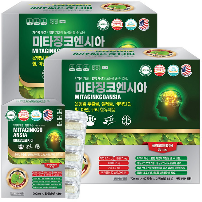 미국 미타징코엔시아 120캡슐X2박스 은행잎추출물 영양제 셀레늄 아연 비타민D, 120정, 2개
