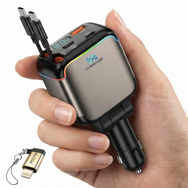 SUNRIVER 릴타입 차량용 초고속 충전기 타입C+타입C 휴대폰 노트북 동시 4대 충전 가능, +PD27W 애플 젠더, N28