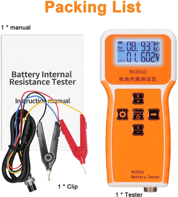 진정한 4 선 배터리 내부 저항 전압 테스터 AC 리튬 납산 리튬 배터리 감지기 RC3563 200Ω 100V, 1개, 2) Tester Clip