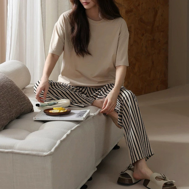 올해브 여성용 잠옷 반팔 티셔츠 + 긴바지 홈웨어 잠옷 상하의 세트