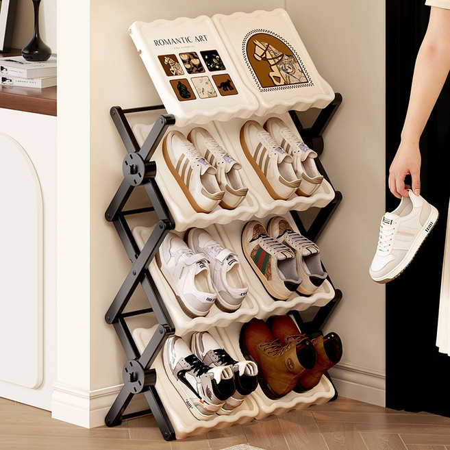 호밍사이 접이식 신발장 가정용 간이 신발 수납 현관 틈새 신발장 정리대, 1개, 베이지-4단