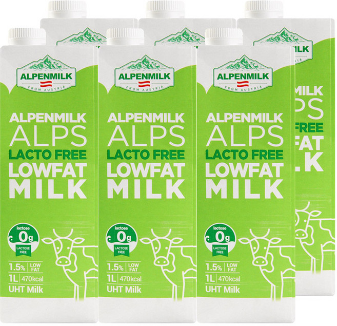 오스트리아 알펜밀크 소화가 잘되는 락토프리 1.5% 저지방 멸균우유 오스트리아, 6개, 1L