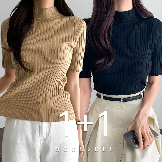 순이 C.여성 1+1 부들부들 촉감 좋은 반목 폴라 반팔 니트 티셔츠