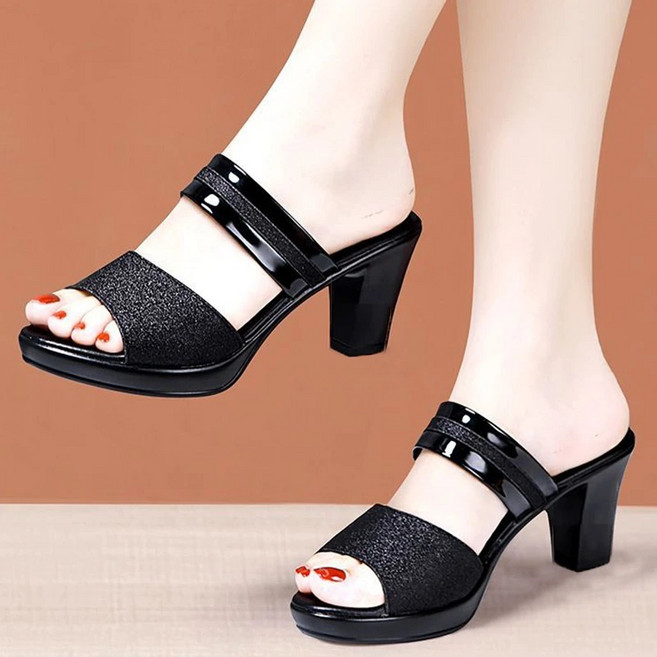 AREVI여름 여성 하이힐 샌들 오픈토 슬리퍼 트랜드 통굽 가보시 웨지샌들 킬힐7cm