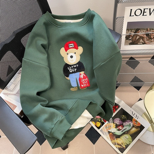 캐릭터 자수 긴팔 맨투맨 여 추동 한국판 루즈핏 학원풍 기모 도톰 맨투맨 라운드 상의 코트