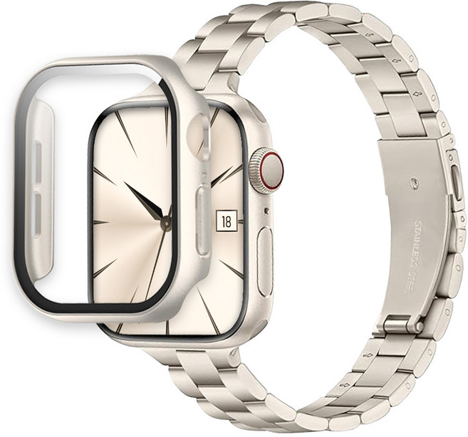 티엑스엘엑스 애플워치 슬림 메탈 스트랩 풀커버 케이스 세트, 스타라이트, 1개