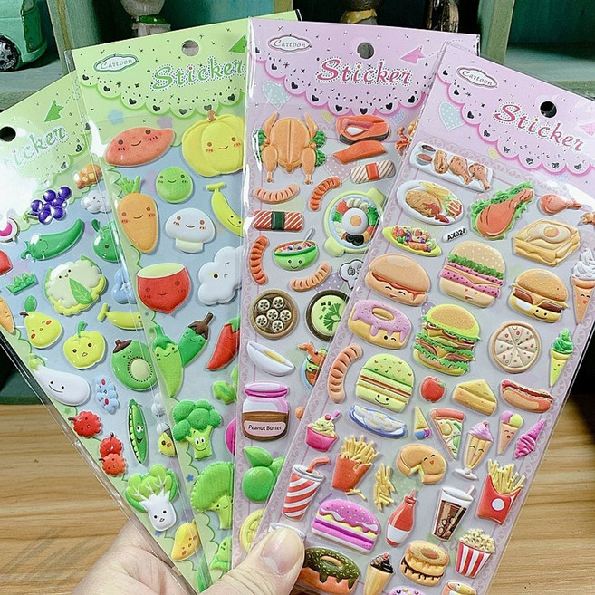 말랑말람 음식 3D 입체스티커 각종 음식 디저트 아이스크림 스펀지스티커 사탕 과자 스티커 입체 햄버거 장난감 다이어리 케이스 꾸미기 도넛 스시 문구, 야채와 음식 버거 입체 스펀지 스티커【통 4매】