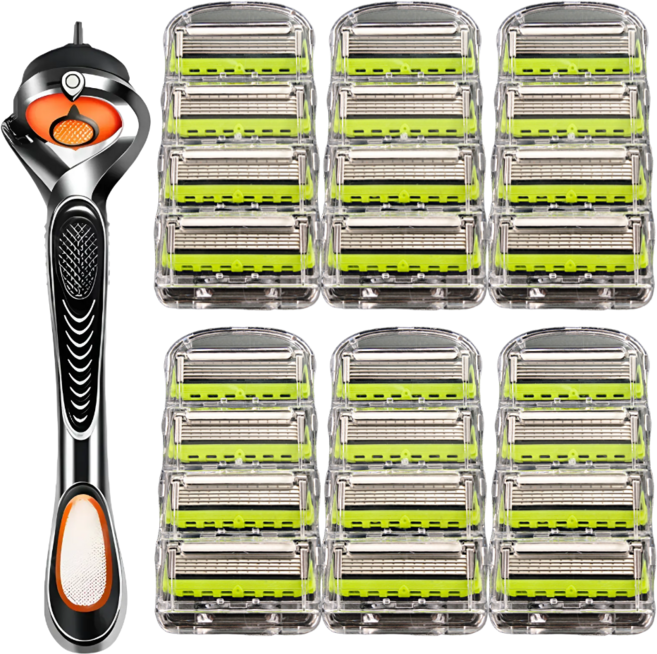 POLIIN 5중 면도날 신형 프로글라이드 퓨전파워 그린 + 면도기1개 질레트 호환용, 24개
