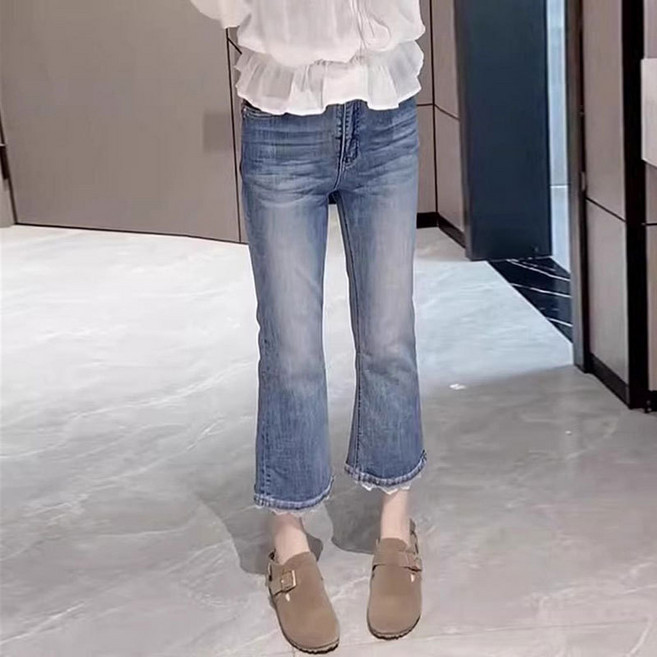 슬림소녀 여성 여름 데님 나팔바지 캐주얼 얇은 스판 레이스장식 슬림핏 패션 9부 팬츠
