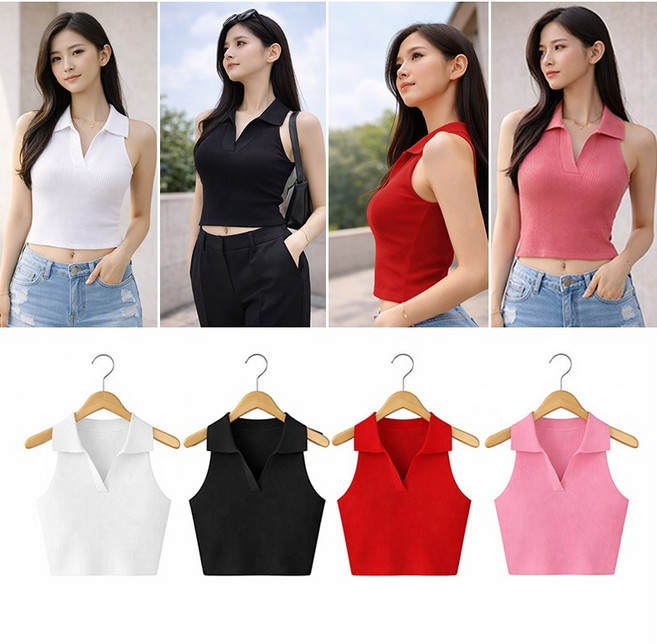 VERIT 카라 브이넥 골지 민소매 섹시 크롭 나시 티셔츠 VT922