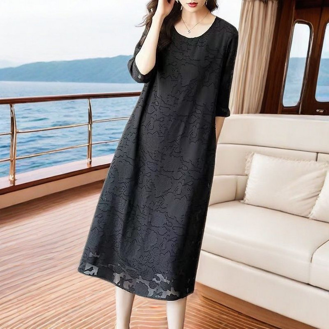 IWMAFT 여성 레이스 미디 원피스 라운드넥 루즈핏 체형 커버 우아한 데일리 SQ279