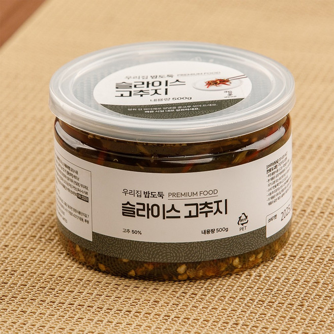 슬라이스 고추지 고추채 간장 장아찌 절임 가정용 캠핑 휴대용 밑반찬 여행 채썬 고추 반찬 밑반찬 매콤, 1개, 400g