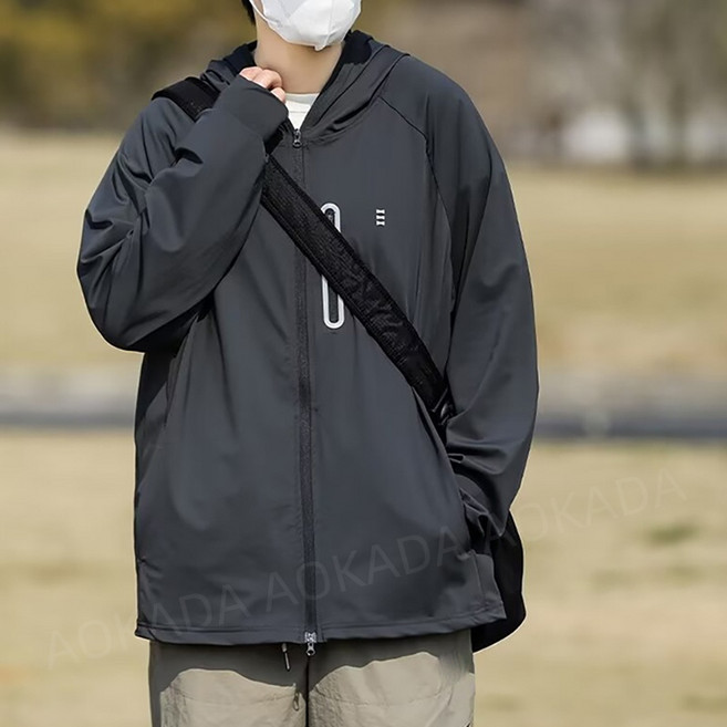 AOKADA 남녀공용 여름 쿨아이스 자외선차단 후드 집업 바람막이 등산 야외 낚시 원드브레이커, 딥그레이