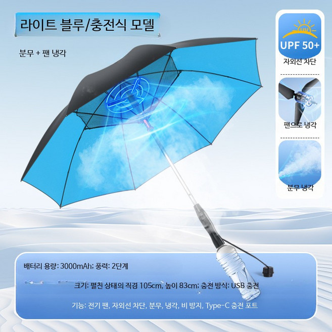 선풍기우산 접이식 팬브렐라 휴대용 자외선차단 야외, 라이트 블루 직선형 USB충전 리튬배터리, 1개, 2000ml