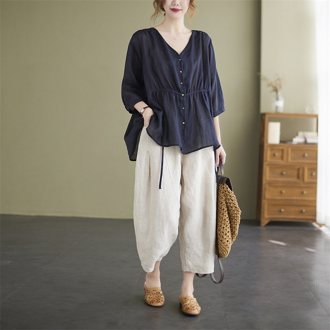 Asure 여성셋업 투피스 세트 브이넥 블라우스+린넨 바지 베이직 생활한복
