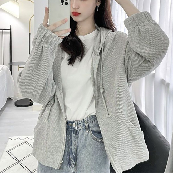 얇은 후드티 심플 무지 트레이닝 긴팔 집업 자켓 와플원단 여성 학생 트레이닝복 외투 봄여름 환절기 코트