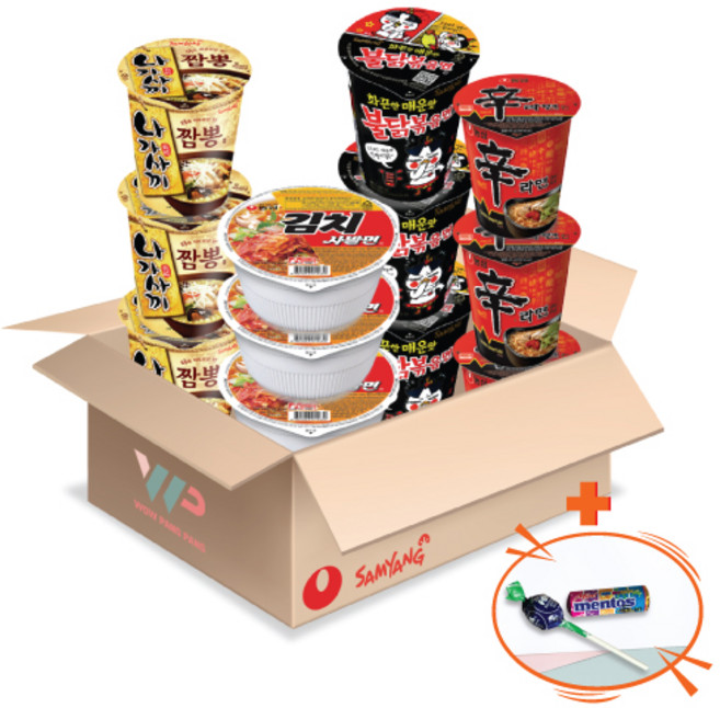 농심 삼양 컵라면 소컵 4종 혼합세트 김치사발면 3컵+신라면 3컵+불닭볶음면 3컵+나가사끼짬뽕 3컵 총 12컵입 미니 멘토스+투시팝 사탕 사은품 2종 증정, 1개