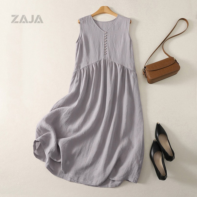 ZAJA 여성 데일리 캐주얼 여름 롱 민소매 면 린넨 원피스
