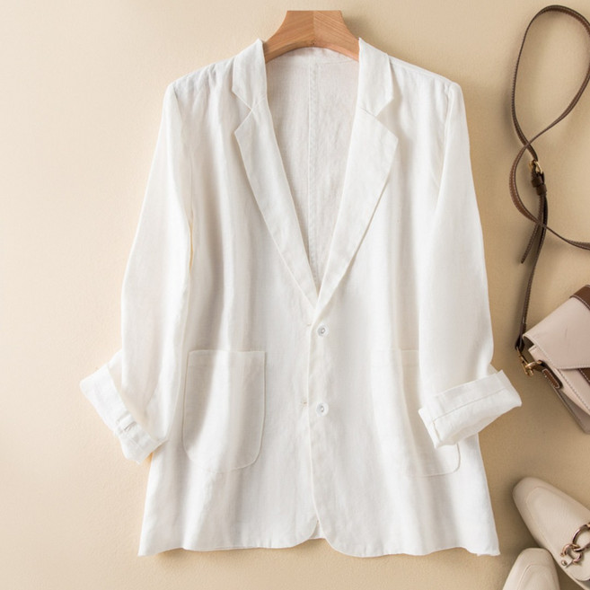 플랜앤유 여성 린넨 자켓 여름 얇은 루즈핏 반팔 롤업 체형커버 자켓