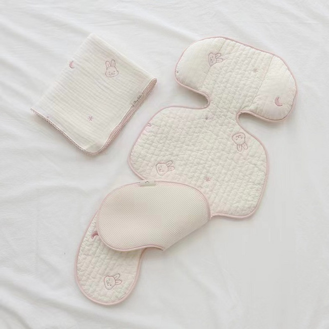 嬰兒手推車坐墊 刺繡透氣純棉柔軟, 粉色星月兔車墊