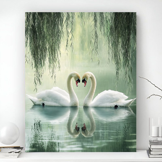 돈벼락 재물복 보석십자수 액자 캔버스형 DIY 패키지 돈 들어오는 그림 풍경 동물 꽃식물 3D 금전운 풍수 그림 40X50cm, 1세트, 백조 커플