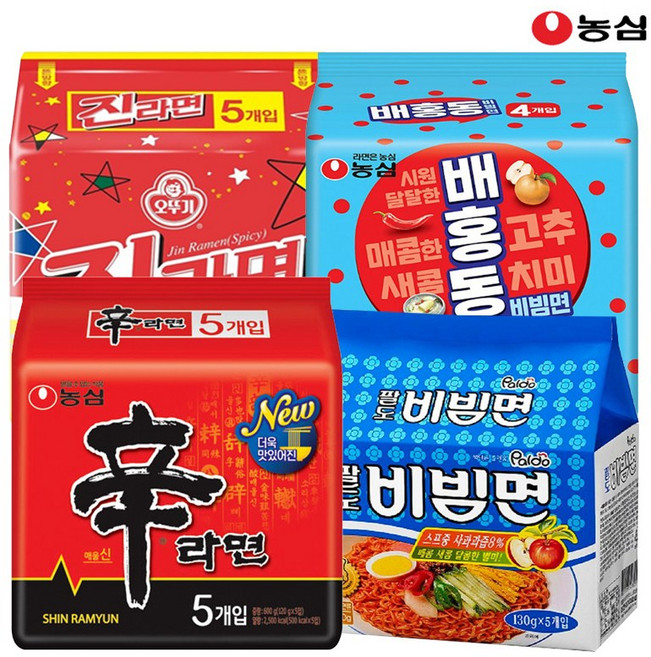 농심 신라면5+진라면매운맛5+배홍동비빔면4+팔도비빔면5, 19개