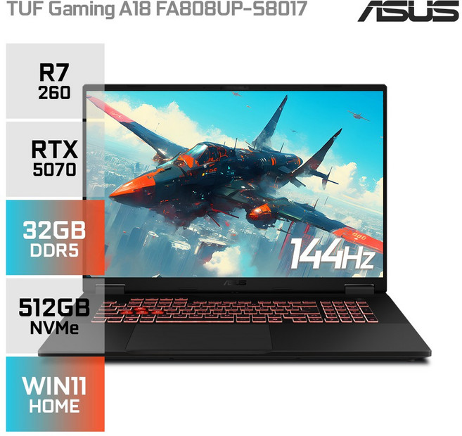에이수스 TUF 게이밍 A18 FA808UP-S8017 AMD 라이젠7 260 지포스 RTX5070 고사양 게이밍 노트북, WIN11 Home, 32GB, 512GB, 블랙
