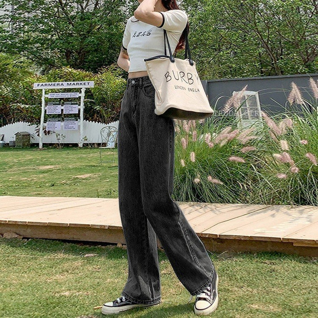 《杜達女孩》媽生長腿高腰顯瘦牛仔寬褲 休閒褲 直筒褲 寬鬆拖地褲女