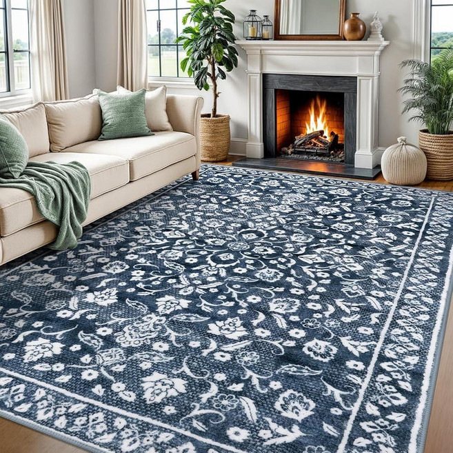 SILOLOOM Vintage 8x10 Area Rugs Navy Washable Living Room Rug Non-Slip Thin Large Area Rug Printe