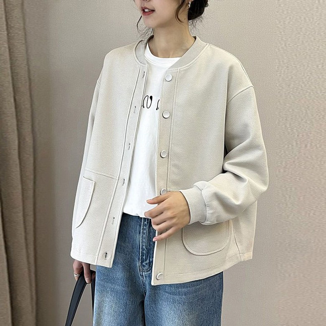 빅사이즈 여성 심플 노카라 자켓 루즈핏 베이직 캐주얼 아우터 점퍼 데일리룩 야구복 숏재킷