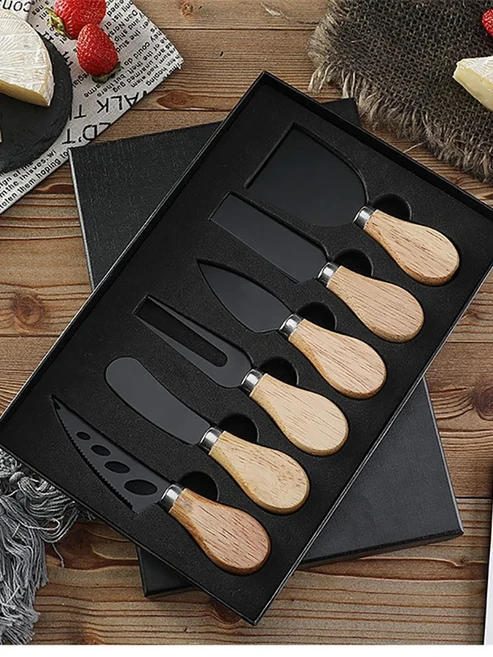 6/4pcs 절묘한 치즈 나이프 세트 스테인레스 스틸 포크 스프레더 컬렉션 호두 손잡이 슬라이서 선물 상자, 01 6pc black