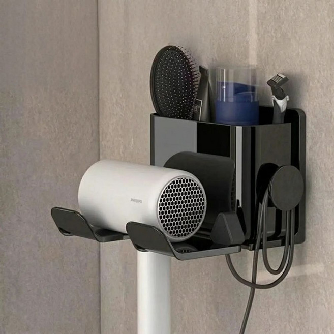 LACOAND 무타공 수납형 강력접착 벽걸이 드라이기 거치대, 1개, 딥블랙