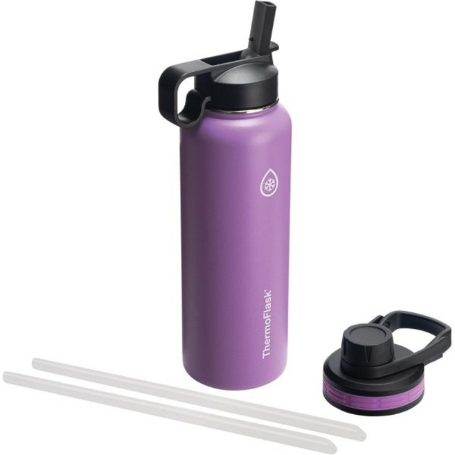 ThermoFlask 18온스 이중 벽 진공 단열 스테인리스 스틸 물병 - 누수 방지 처그 및 빨대 뚜껑과 함께 재사용 가능 음료를 24시간/뜨거운 12시간 동안 차갑게 유지, Plum, 40 Ounces