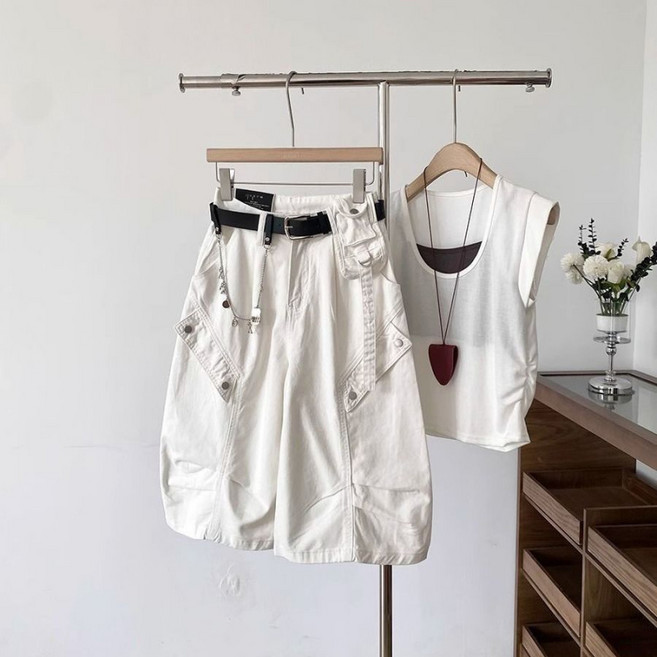 쁘띠꼬모 여성 7부 청바지 와이드 팬츠 스트릿룩 포켓 캐주얼 바지 GX5030305