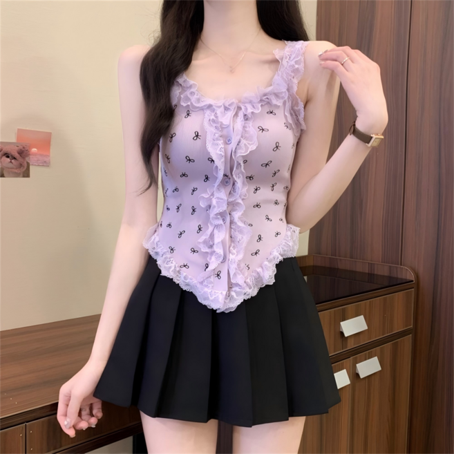 VEZRI 여성용 여름 레이스 트림 슬림핏 스트랩 탱크탑 섹시 외출용 크롭 상의 F88